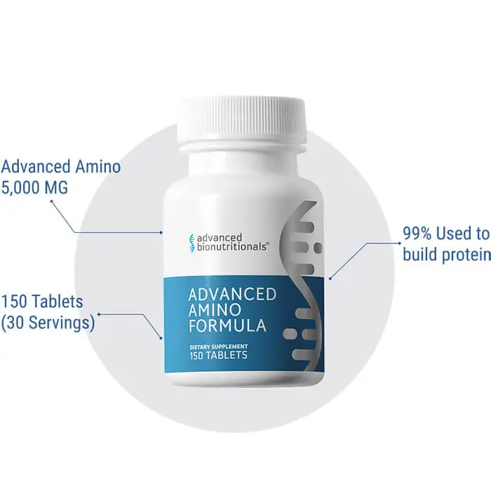 Bottle of Advanced Amino Formula essential amino acid tablets